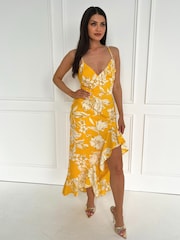 AX Paris Yellow Floral Printed Strappy High Low Frill Hem Midi Dress - Image 1 of 4