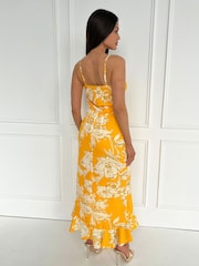 AX Paris Yellow Floral Printed Strappy High Low Frill Hem Midi Dress - Image 2 of 4