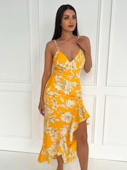 AX Paris Yellow Floral Printed Strappy High Low Frill Hem Midi Dress - Image 3 of 4