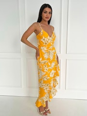 AX Paris Yellow Floral Printed Strappy High Low Frill Hem Midi Dress - Image 4 of 4