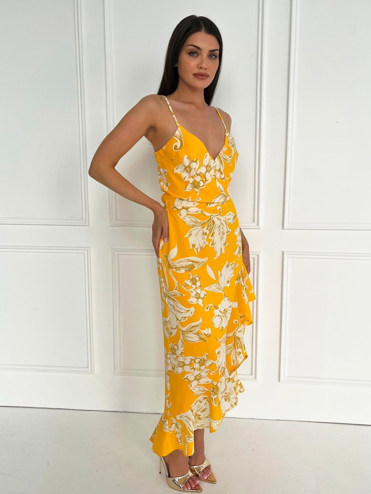 AX Paris Yellow Floral Printed Strappy High Low Frill Hem Midi Dress - Image 4 of 4