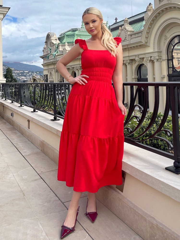 AX Paris Red Frill Strap Tiered Midi Dress - Image 1 of 4