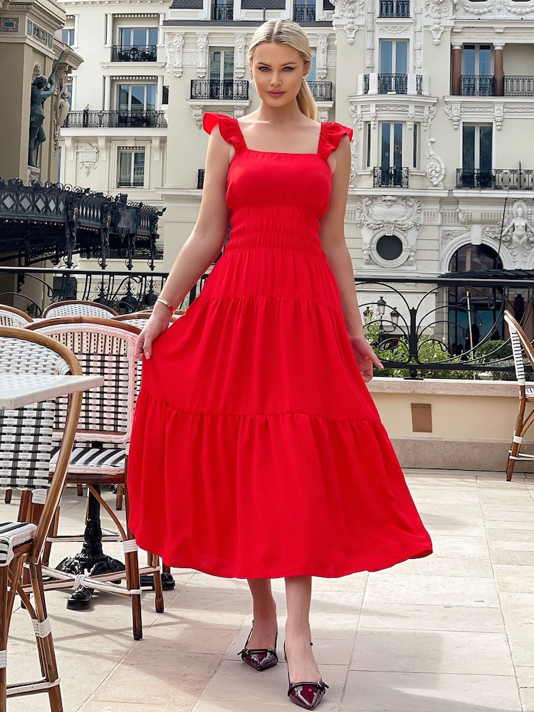 AX Paris Red Frill Strap Tiered Midi Dress - Image 4 of 4