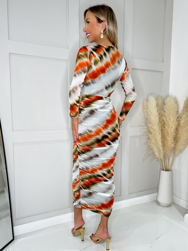 AX Paris Abstract Print Mesh Long Sleeve Bodycon Midi Dress - Image 2 of 4