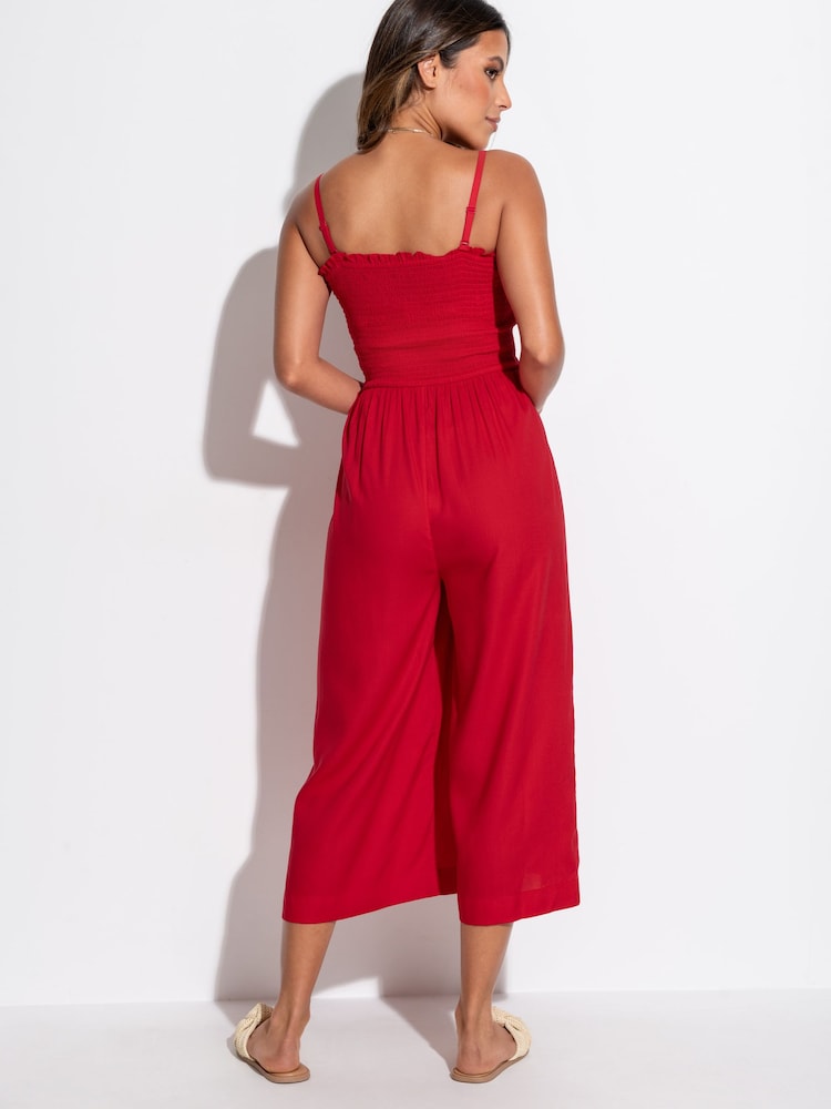 Pour Moi Red Strapless Shirred Bodice Crop Leg Beach Jumpsuit - Image 2 of 4 Pour Moi Red Strapless Shirred Bodice Crop Leg Beach Jumpsuit - Image 2 of 4