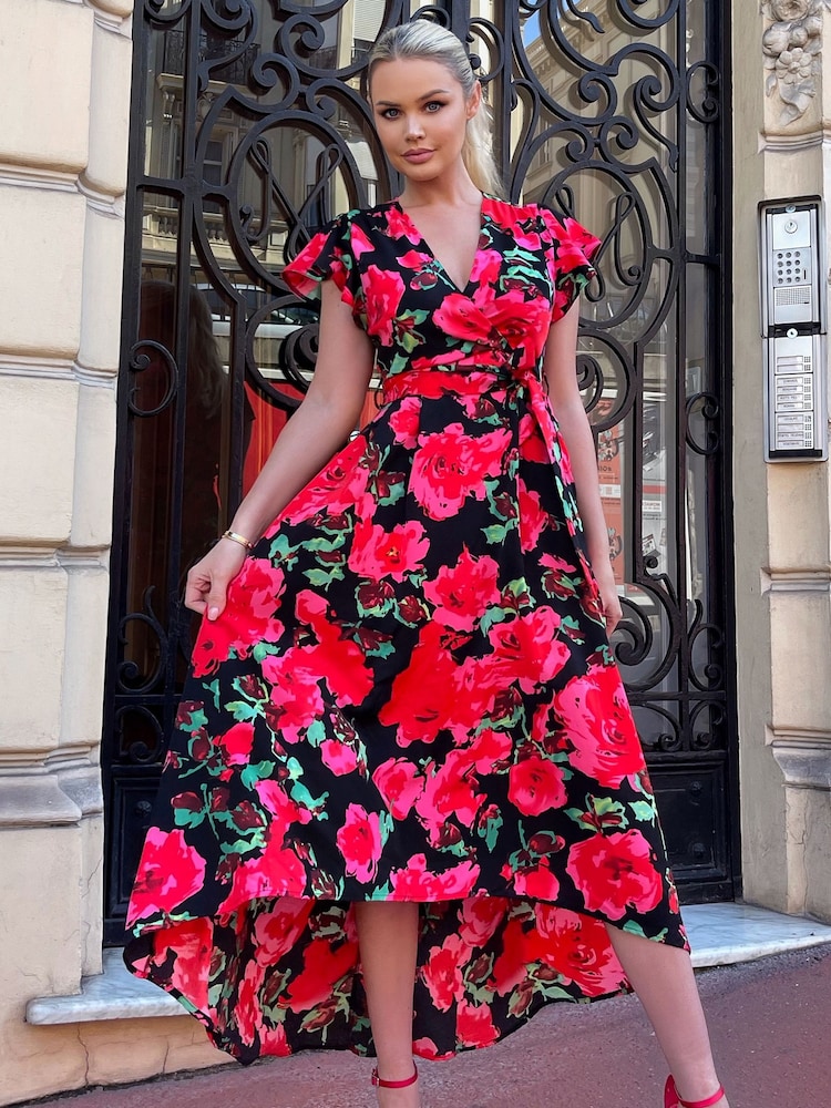 AX Paris Red Floral Print Short Sleeve Belted Wrap Midi Dress - Image 1 of 4