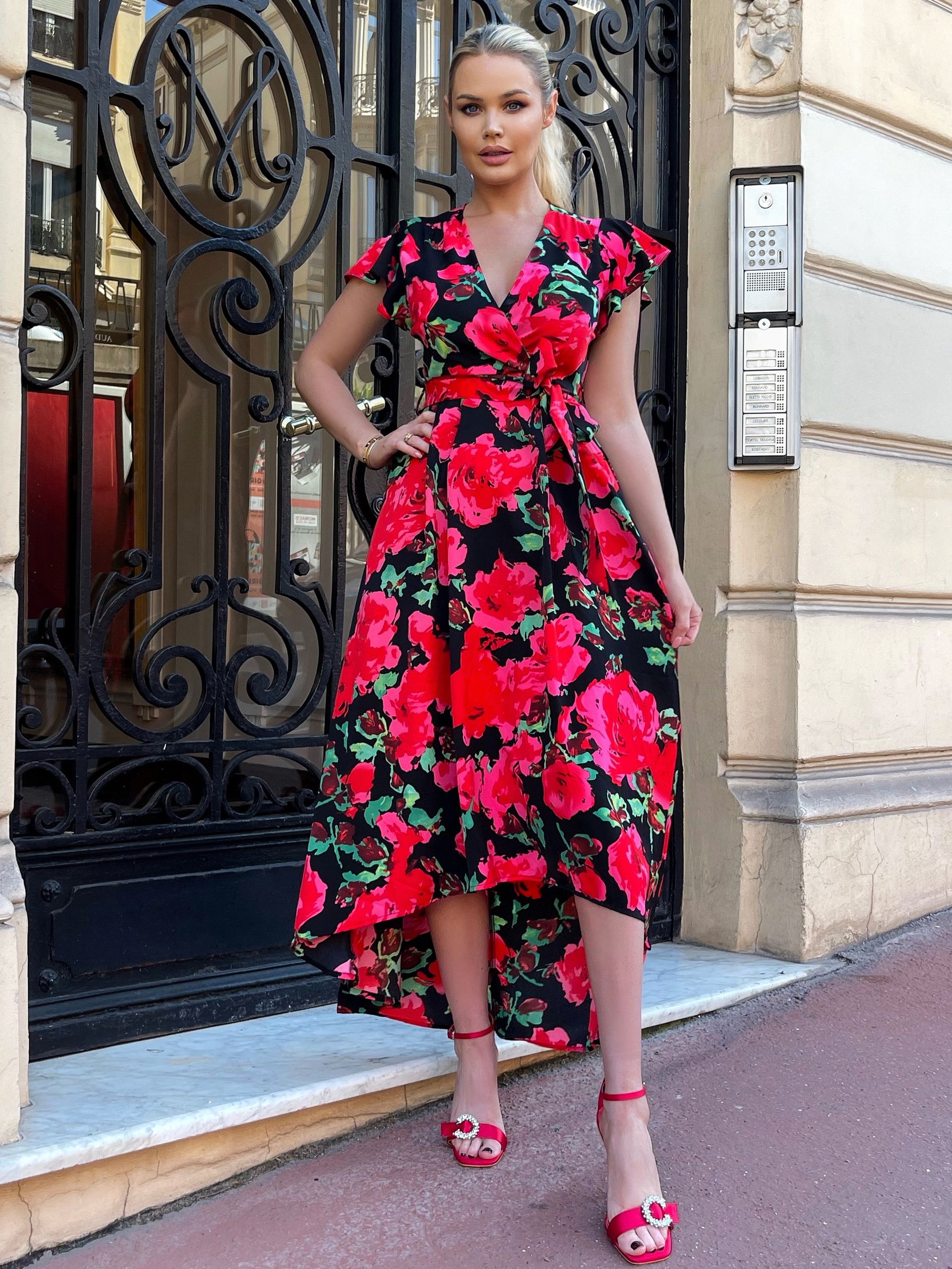 AX Paris Red Floral Print Short Sleeve Belted Wrap Midi Dress