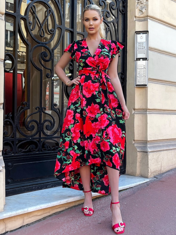 AX Paris Red Floral Print Short Sleeve Belted Wrap Midi Dress - Image 2 of 4