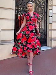 AX Paris Red Floral Print Short Sleeve Belted Wrap Midi Dress - Image 4 of 4