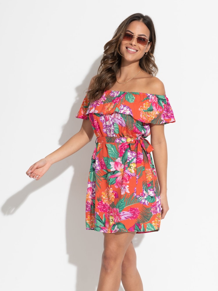 Pour Moi Orange Frill Belted Bardot Dress - Image 1 of 4