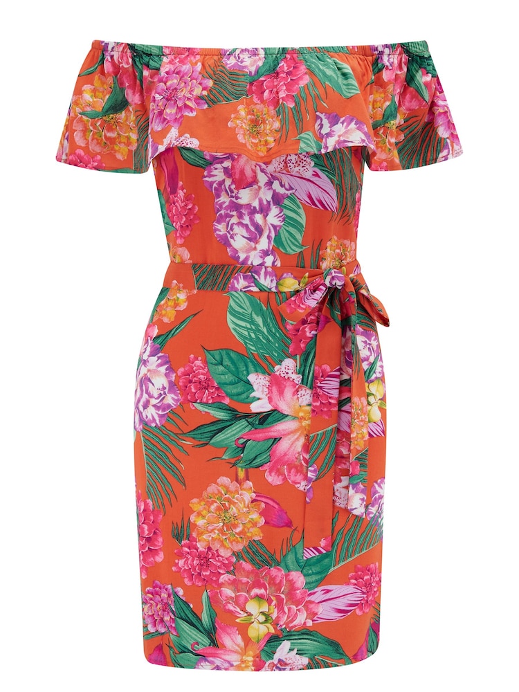 Pour Moi Orange Frill Belted Bardot Dress - Image 3 of 4