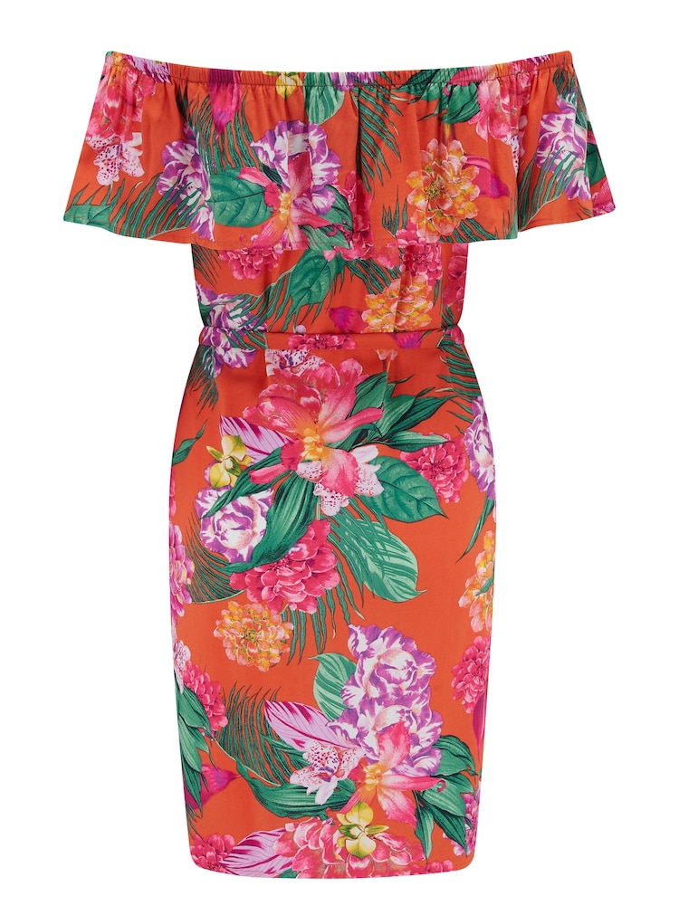 Pour Moi Orange Frill Belted Bardot Dress - Image 4 of 4
