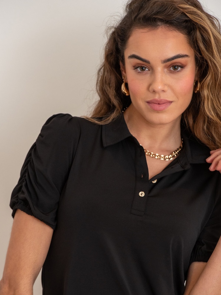 Pour Moi Black Jodie Fuller Bust Slinky Stretch Half Button Top - Image 2 of 4