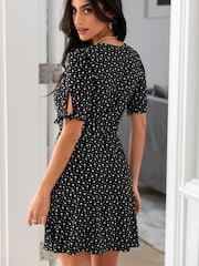 Pour Moi Black Ditsy Bella Fuller Bust Slinky Stretch Tie Sleeve Mini Dress - Image 2 of 4