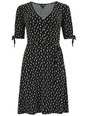 Pour Moi Black Ditsy Bella Fuller Bust Slinky Stretch Tie Sleeve Mini Dress - Image 3 of 4