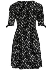 Pour Moi Black Ditsy Bella Fuller Bust Slinky Stretch Tie Sleeve Mini Dress - Image 4 of 4