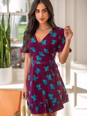 Pour Moi Purple Birdie Stretch Viscose Jersey Wrap Front Dress - Image 1 of 4