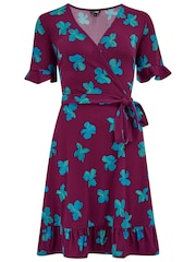 Pour Moi Purple Birdie Stretch Viscose Jersey Wrap Front Dress - Image 3 of 4