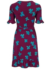 Pour Moi Purple Birdie Stretch Viscose Jersey Wrap Front Dress - Image 4 of 4