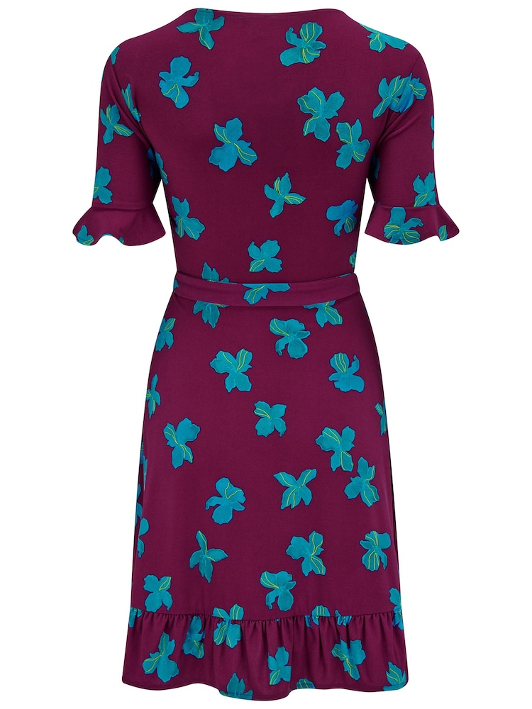 Pour Moi Purple Birdie Stretch Viscose Jersey Wrap Front Dress - Image 4 of 4