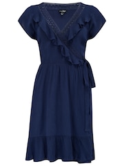 Pour Moi Blue Crinkle Frill Wrap Beach Dress - Image 3 of 4