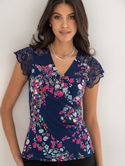 Pour Moi Purple & Blue Julie Fuller Bust Slinky Jersey Lace Trim Wrap Top - Image 1 of 4