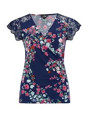 Pour Moi Purple & Blue Julie Fuller Bust Slinky Jersey Lace Trim Wrap Top - Image 3 of 4