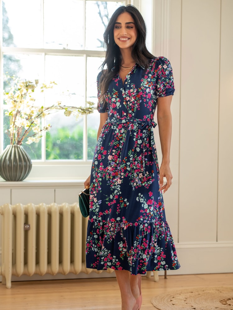 Pour Moi Purple Jodie Fuller Bust Slinky Jersey Tiered Midi Shirt Dress - Image 1 of 4
