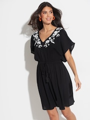 Pour Moi Black LENZING™ ECOVERO™ Viscose Crinkle Embroidered Beach Kaftan - Image 1 of 4