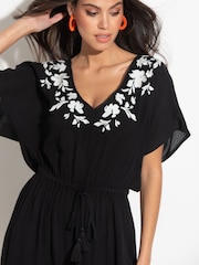 Pour Moi Black LENZING™ ECOVERO™ Viscose Crinkle Embroidered Beach Kaftan - Image 2 of 4