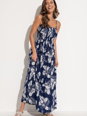 Pour Moi Navy Blue Leaf Strapless Shirred Bodice Maxi Beach Dress - Image 1 of 4