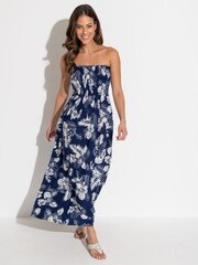 Pour Moi Navy Blue Leaf Strapless Shirred Bodice Maxi Beach Dress - Image 2 of 4