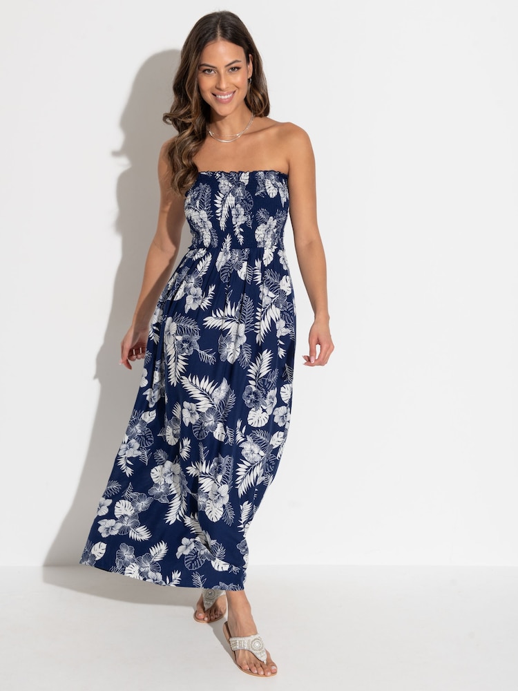 Pour Moi Navy Blue Leaf Strapless Shirred Bodice Maxi Beach Dress - Image 2 of 4