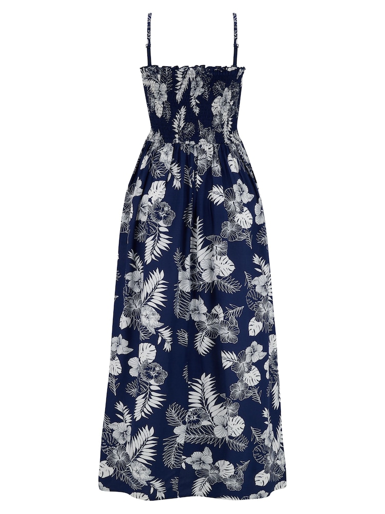 Pour Moi Navy Blue Leaf Strapless Shirred Bodice Maxi Beach Dress - Image 4 of 4