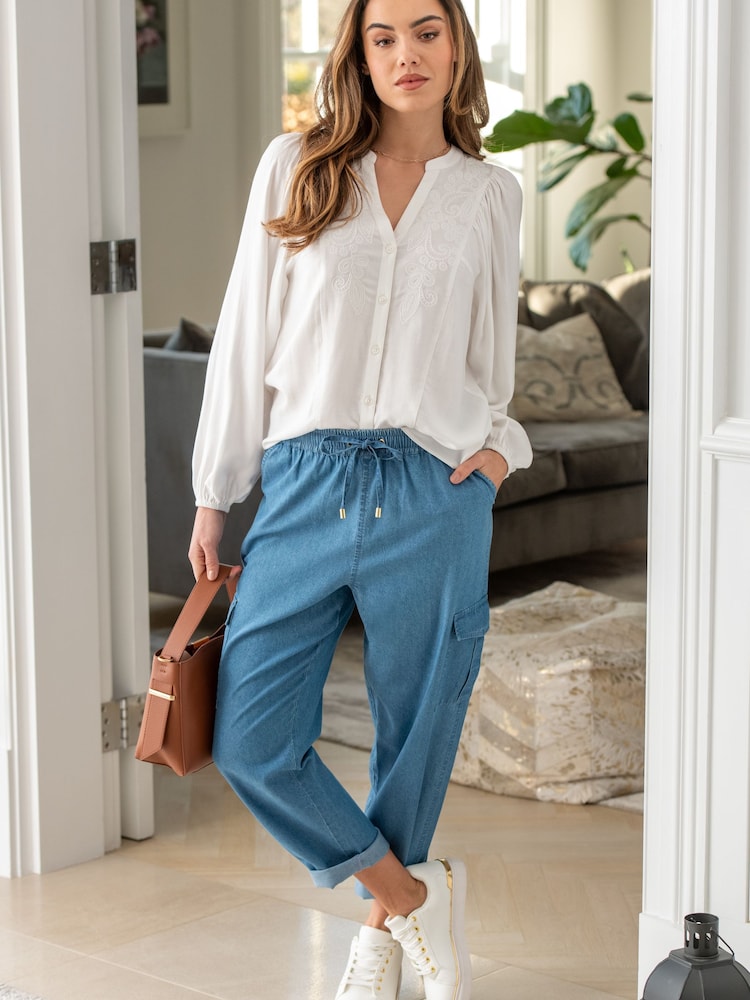 Pour Moi Blue Aria Elasticated Woven Cargo Trousers - Image 1 of 4 Pour Moi Blue Aria Elasticated Woven Cargo Trousers - Image 1 of 4