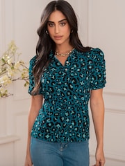 Pour Moi Green Jodie Fuller Bust Slinky Stretch Half Button Top - Image 1 of 4