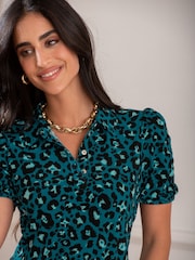 Pour Moi Green Jodie Fuller Bust Slinky Stretch Half Button Top - Image 2 of 4