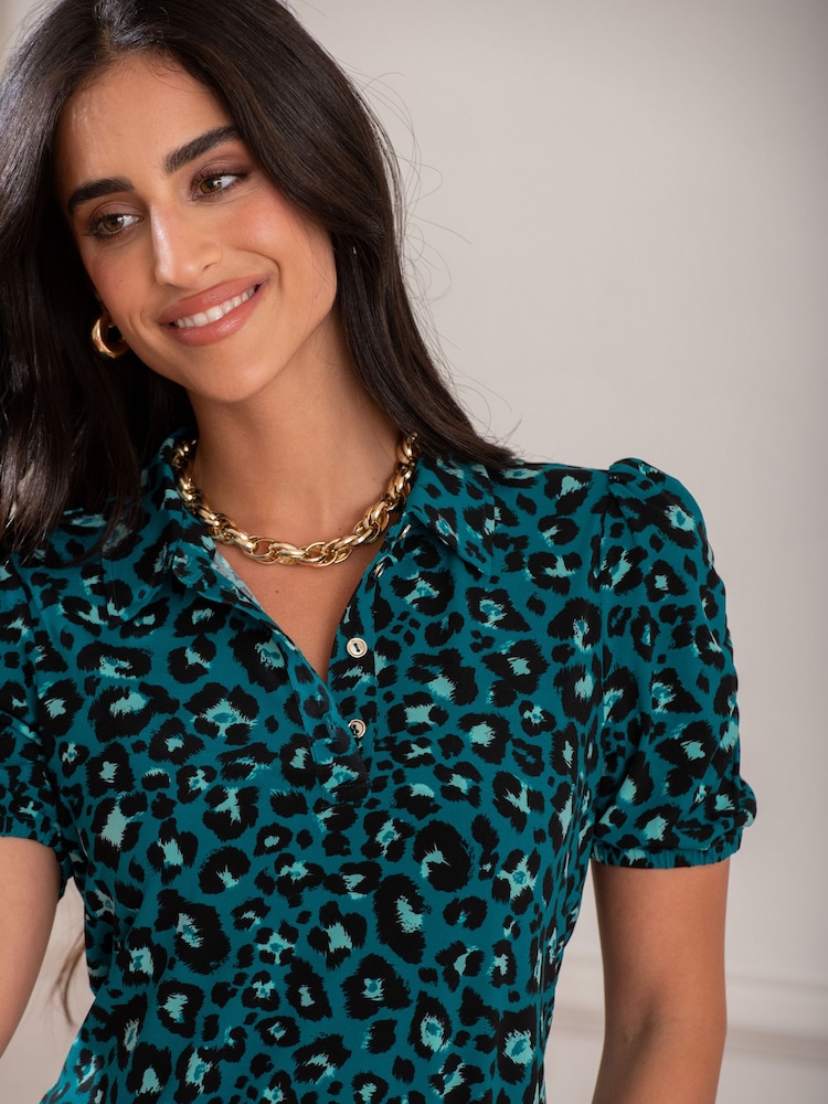 Pour Moi Green Jodie Fuller Bust Slinky Stretch Half Button Top - Image 2 of 4