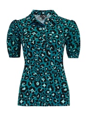 Pour Moi Green Jodie Fuller Bust Slinky Stretch Half Button Top - Image 3 of 4