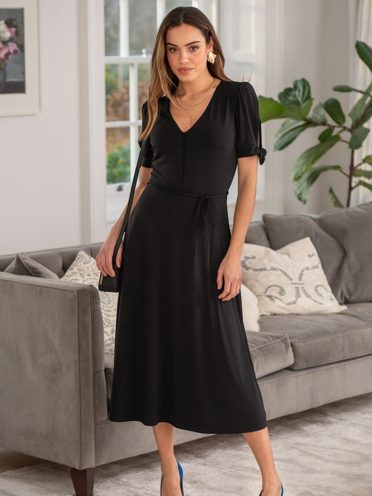 Pour Moi Black Bella Fuller Bust Slinky Stretch Tie Sleeve Midi Dress - Image 1 of 4 Pour Moi Black Bella Fuller Bust Slinky Stretch Tie Sleeve Midi Dress - Image 1 of 4