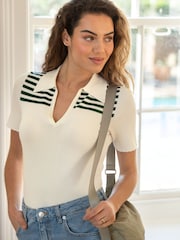 Pour Moi White Roma Half Sleeve Stripe Knit Top - Image 1 of 4