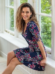 Pour Moi Navy Blue Floral Bella Fuller Bust Slinky Stretch Tie Sleeve Mini Dress - Image 2 of 4