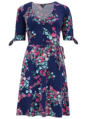 Pour Moi Navy Blue Floral Bella Fuller Bust Slinky Stretch Tie Sleeve Mini Dress - Image 3 of 4