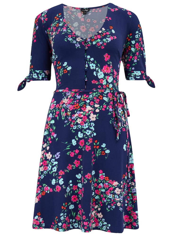 Pour Moi Navy Blue Floral Bella Fuller Bust Slinky Stretch Tie Sleeve Mini Dress - Image 3 of 4