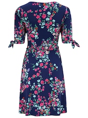 Pour Moi Navy Blue Floral Bella Fuller Bust Slinky Stretch Tie Sleeve Mini Dress - Image 4 of 4