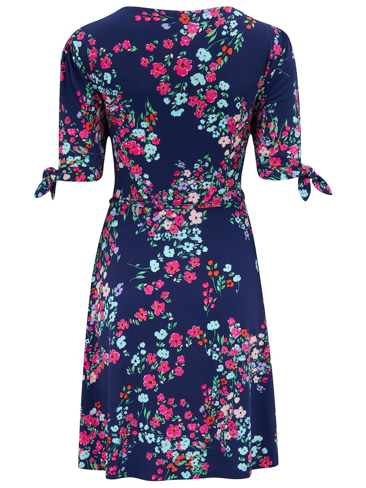 Pour Moi Navy Blue Floral Bella Fuller Bust Slinky Stretch Tie Sleeve Mini Dress - Image 4 of 4