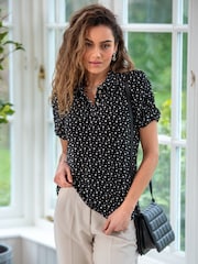 Pour Moi Black/White Jodie Fuller Bust Slinky Stretch Half Button Top - Image 1 of 4