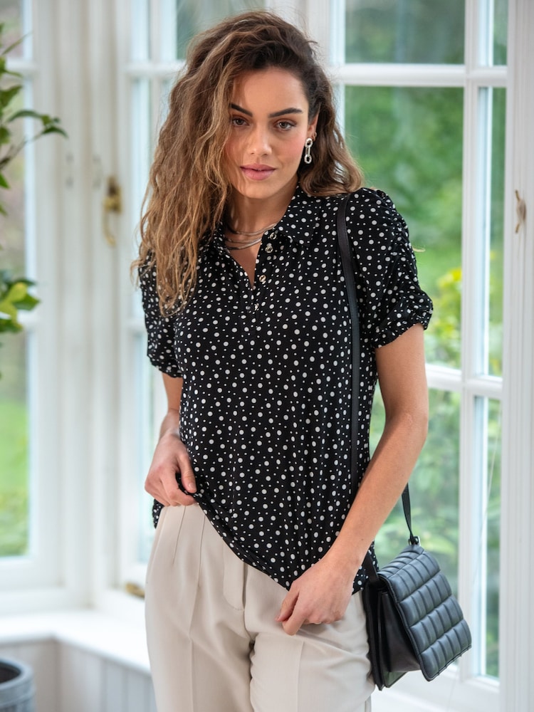 Pour Moi Black/White Jodie Fuller Bust Slinky Stretch Half Button Top - Image 1 of 4