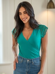 Pour Moi Turquoise Blue Julie Fuller Bust Slinky Jersey Lace Trim Wrap Top - Image 1 of 4