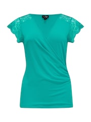 Pour Moi Turquoise Blue Julie Fuller Bust Slinky Jersey Lace Trim Wrap Top - Image 3 of 4